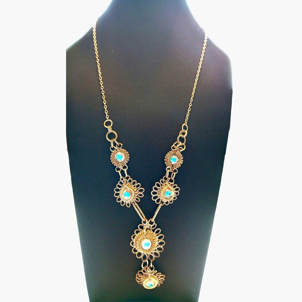 Vintage Blue Glass Necklace Silesian 1930 Art Deco Silver Wire Crochet Filigree